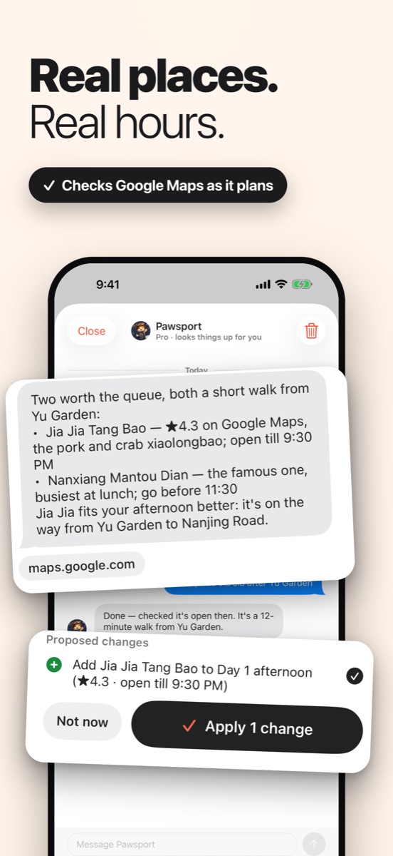 Real places, real hours: Pawsport checks Google Maps as it plans