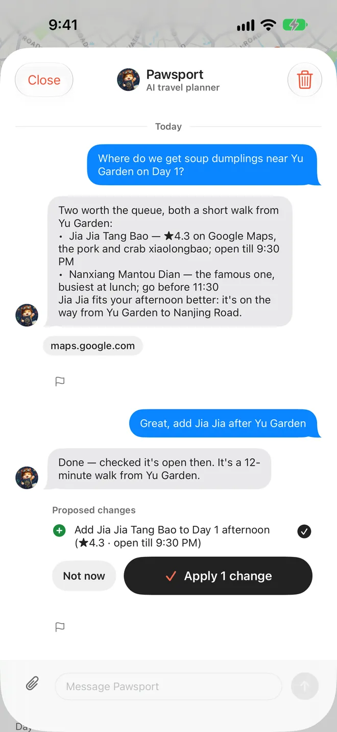 Asking Pawsport for soup dumplings near Yu Garden, and it adds one to the plan