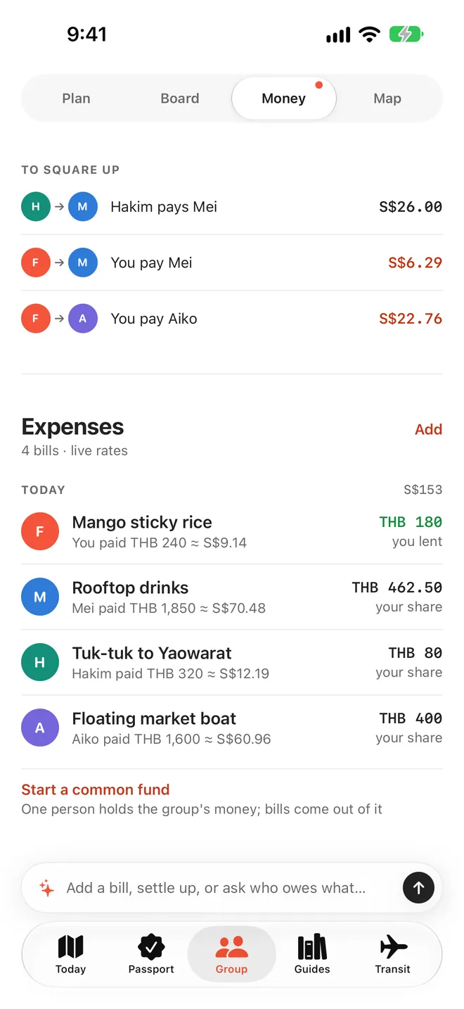 Bills in Thai baht, each converted, with who paid and each person's share