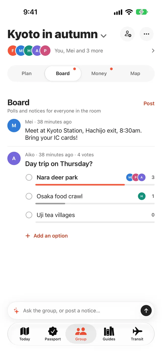 The group board: a meeting point notice and a poll on a day trip with votes