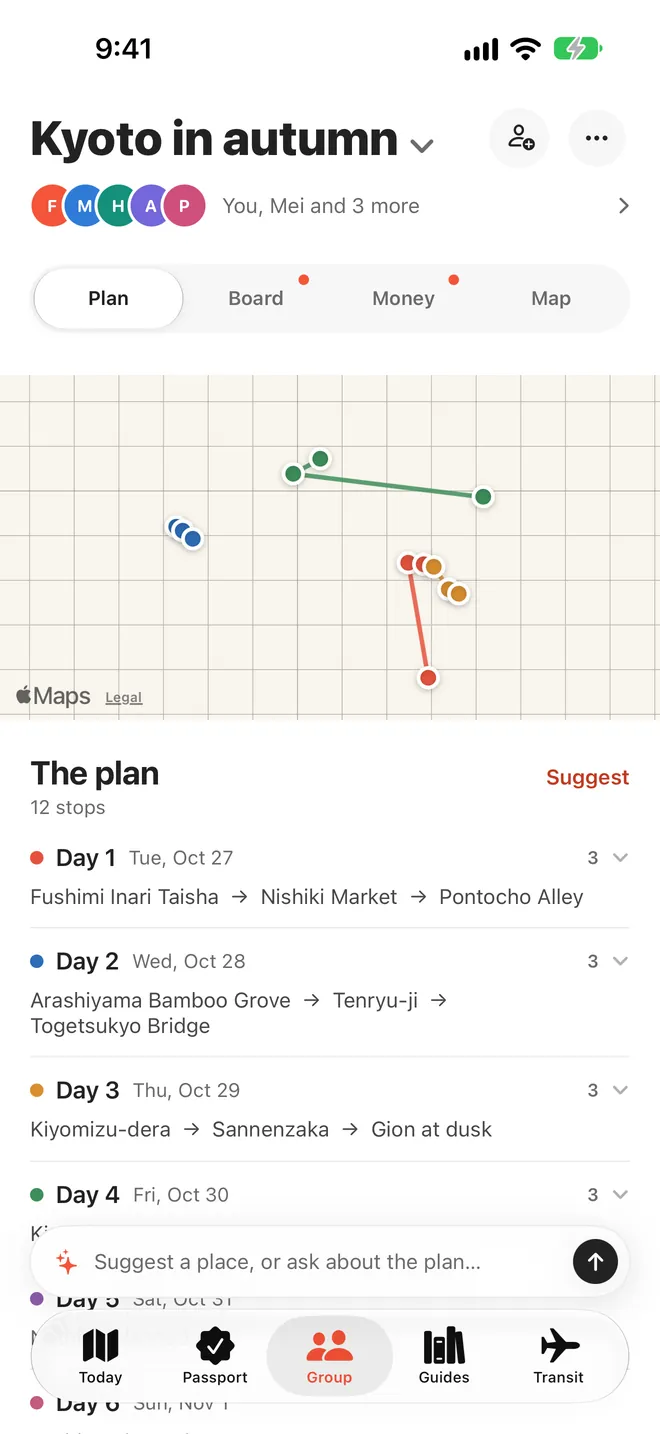 A group trip, Kyoto in autumn, with five friends in it and the trip's board, money and map