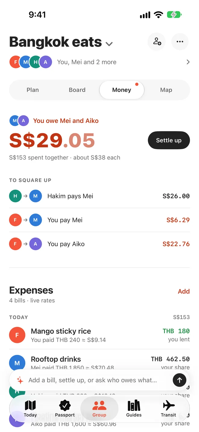 The group's money: you owe Mei and Aiko S$29.05, and the fewest payments to square up