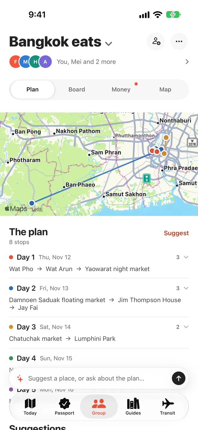 A group trip, Bangkok eats, with its days on a map and the plan for each day