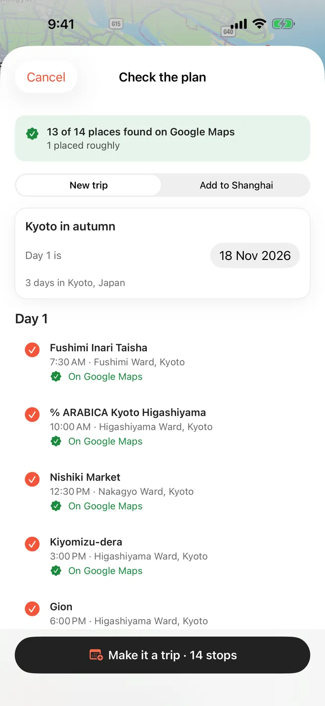 A plan from an AI assistant in Pawsport: 13 of 14 places found, ready to make into a trip