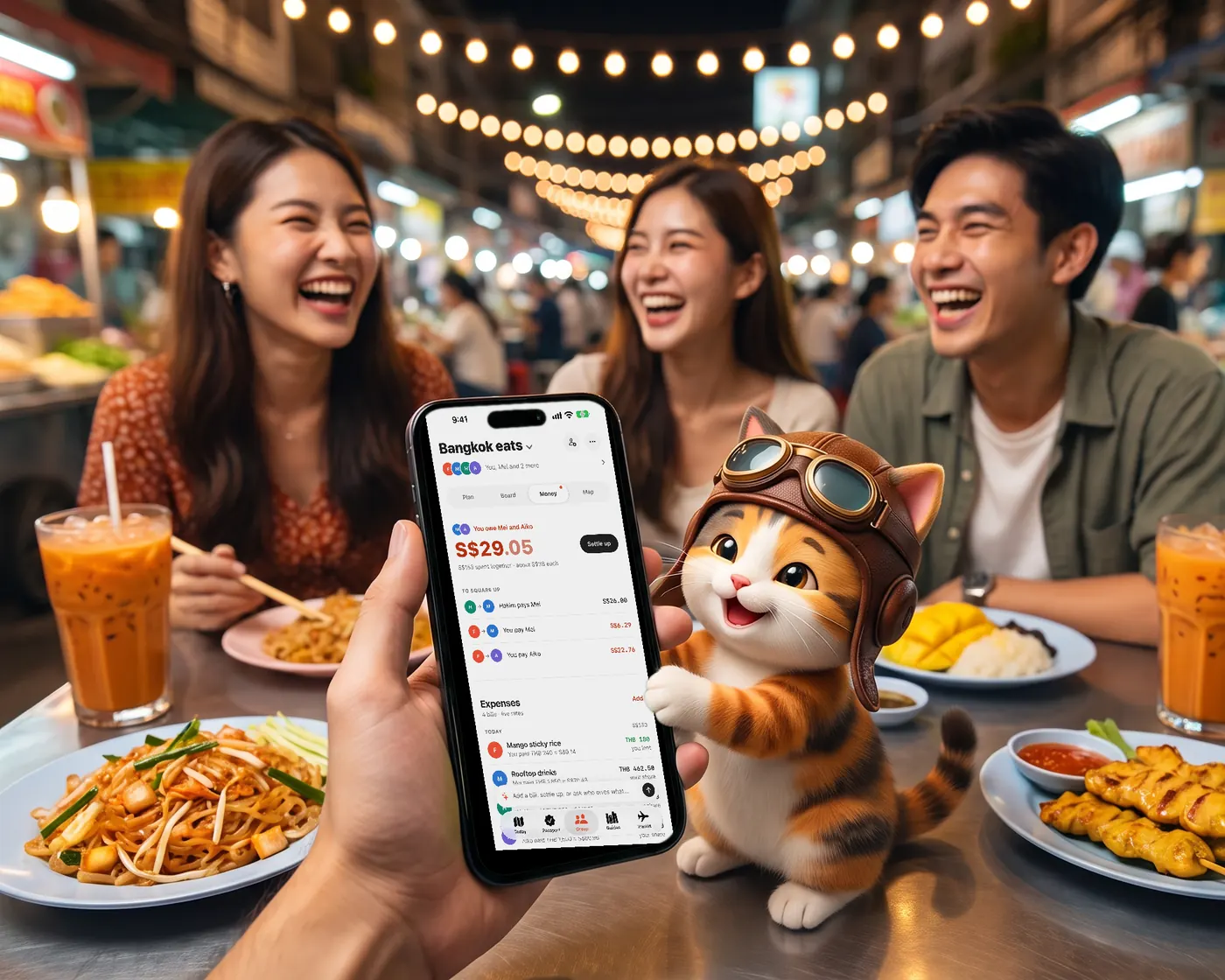 Friends at a night market in Bangkok; one holds a phone showing the group's bills in Pawsport